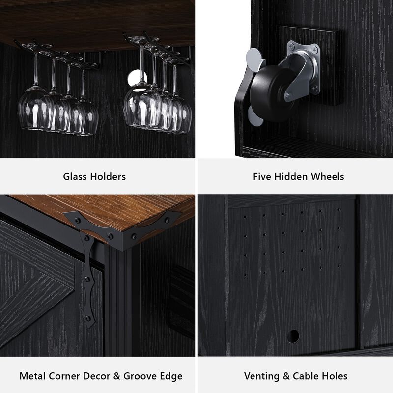 Merax Rolling Kitchen Island with Bar Cabinet, 2 Fridge Compartments, Sliding Barn Doors image number 6