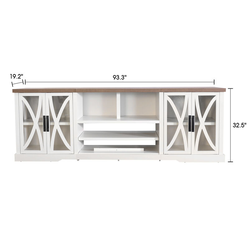 93" Farmhouse White TV Stand with Open Storage Shelves and Cabinets Media Console for TVs up to 85"