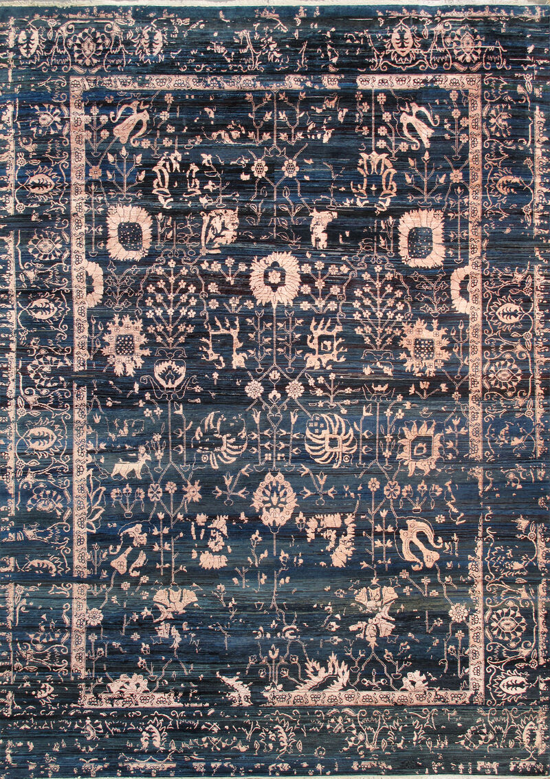 Pasargad Home Transitional Hand-Knotted Blue Bsilk & Wool Area Rug-10' 0" X 14' 0" image number 0