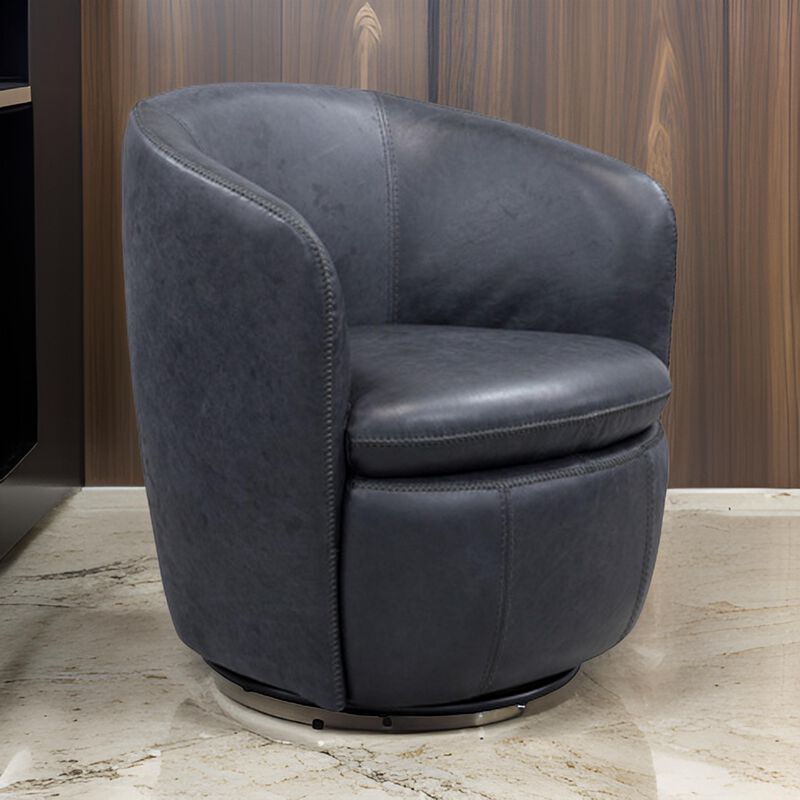 Niko Swivel Accent Chair, Round Barrel Design, Dark Blue Top Grain Leather