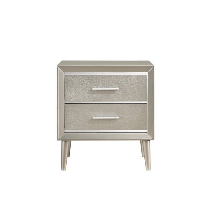 2 Drawer Contemporary Nightstand with Bar Handles and Splayed Legs, Silver-Benzara