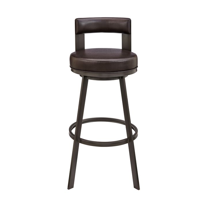 Ami 30 Inch Swivel Barstool Chair, Curved Open Back Brown Faux Leather - Benzara