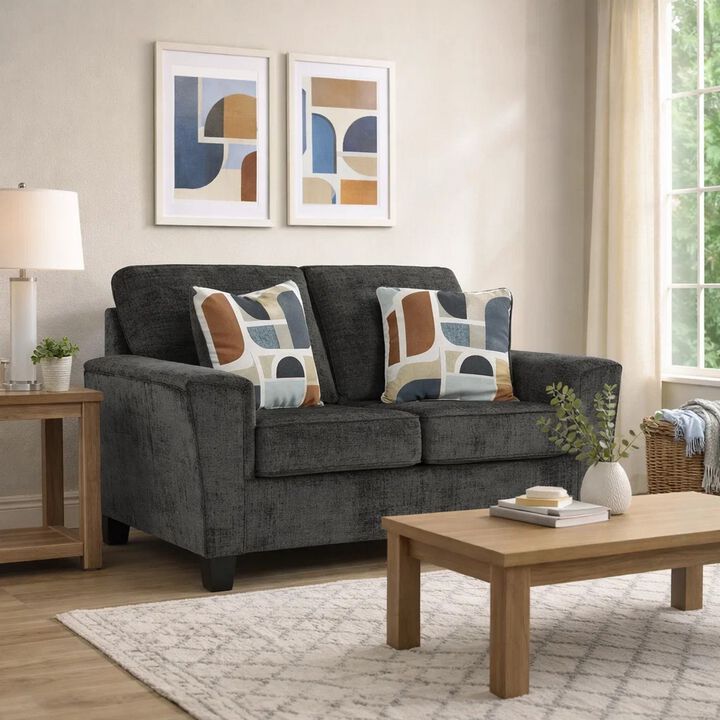 Erin Loveseat, 2 Accent Throw Pillows, 61 Inch Dark Gray Polyester