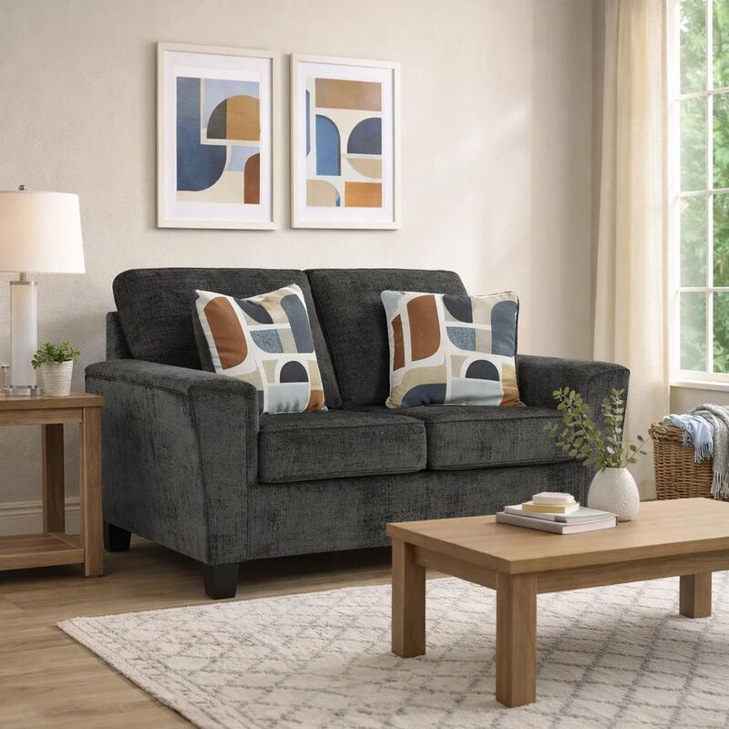 Erin Loveseat, 2 Accent Throw Pillows, 61 Inch Dark Gray Polyester image number 1