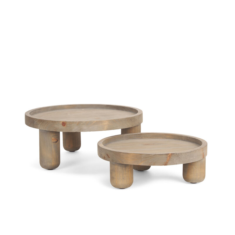 HomeRoots Set of Two Gray And Natural Solid Wood Handmade Round Risers image number 0
