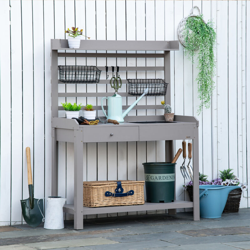Outsunny Potting Bench Table, Garden Work Bench, Workstation with Metal Sieve Screen, Removable Sink, Additional Hooks and Baskets for Patio, Courtyards