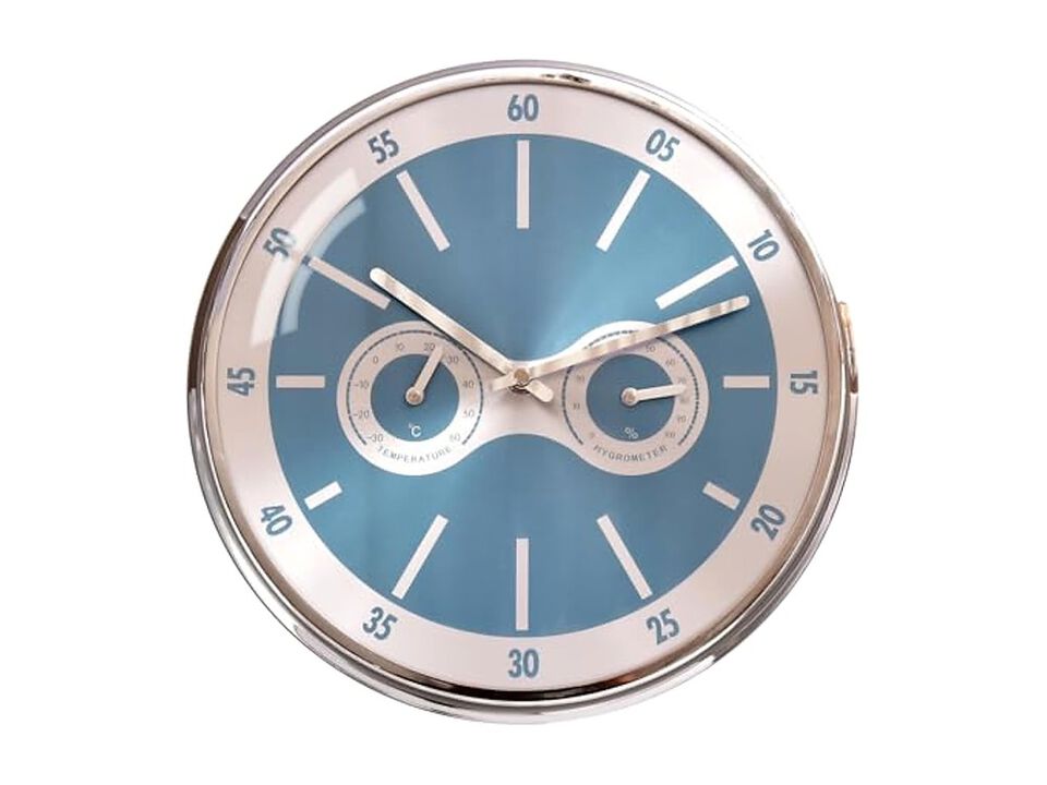 Temperature Humidity Blue Industrial Wall Clock 2 Inch Silent Non Ticking Metal
