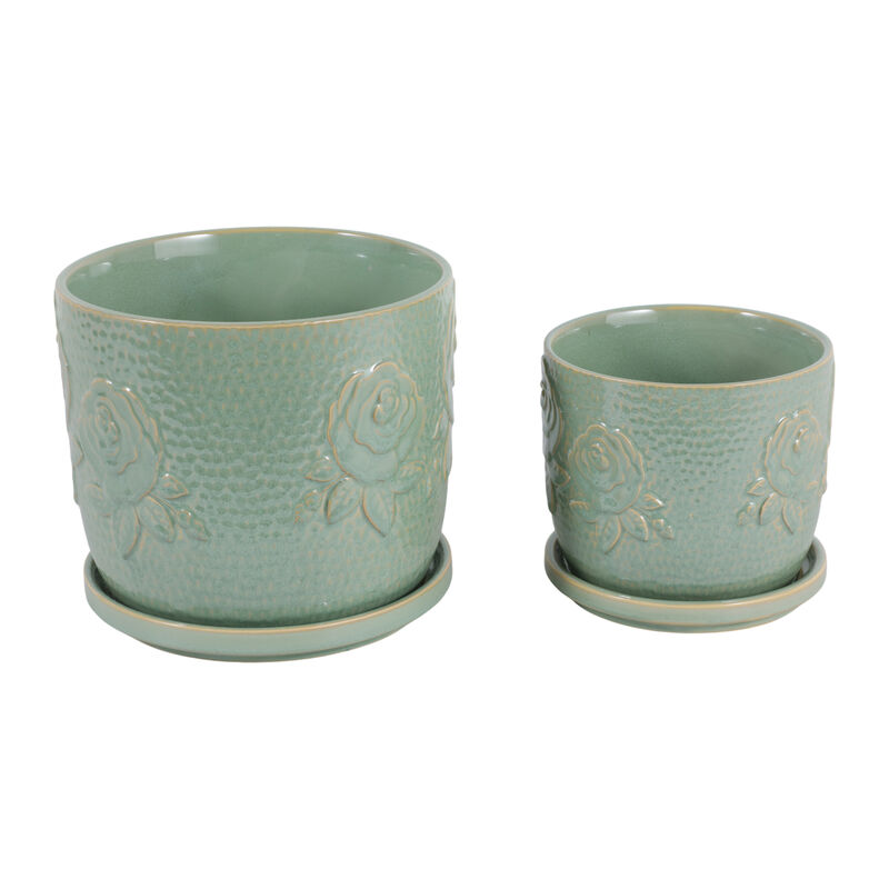 S/2 6/8" Rose Embossed Saucer Planters, Sage Green image number 3