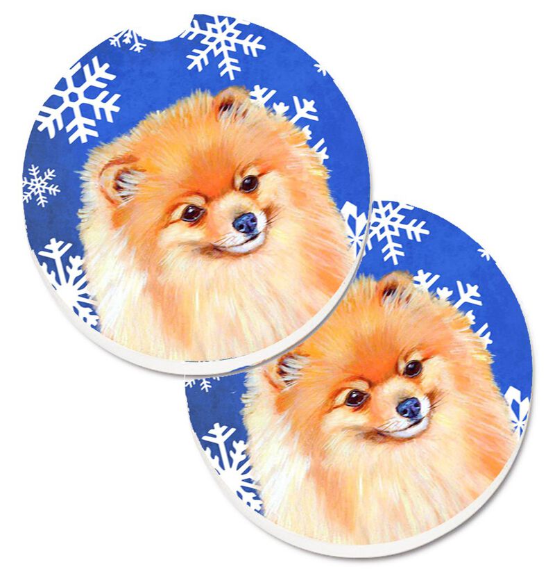 Caroline's Treasures Pomeranian Winter Snowflakes Holiday Set of 2 Cup Holder Car Coasters LH9305CARC, 2.56, Multicolor image number 0