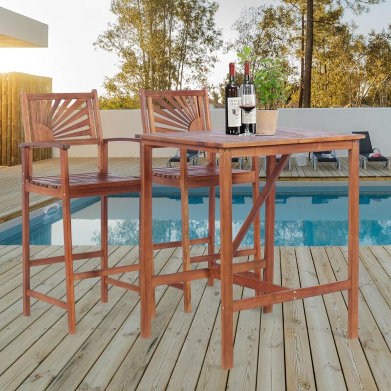 Hivvago 3 Pieces Acacia Wood Patio Bar Set with Sunflower Patterned Backrest