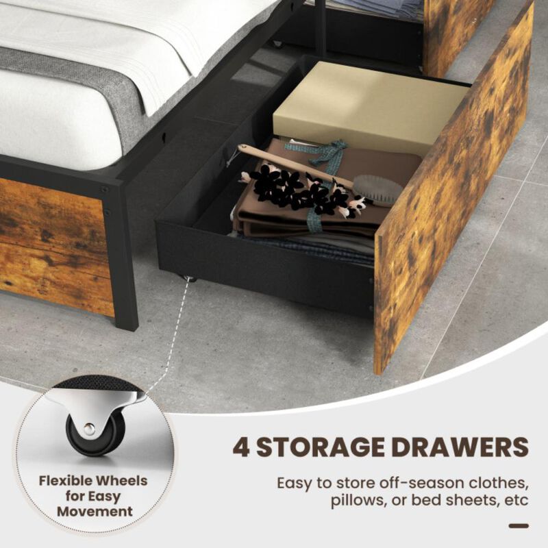 Hivvago Bed Frame with LED Lights, Upholstered Headboard and 4 Storage Drawers