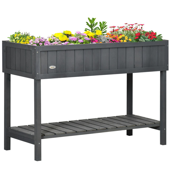 Outsunny Raised Garden Bed with 8 Pockets and Shelf, Wooden Elevated Planter Box with Legs to Grow Herbs, Vegetables, and Flowers, Dark Gray