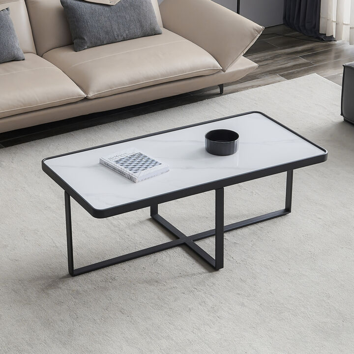 Minimalism rectangle coffee table,Black metal frame with sintered stone tabletop