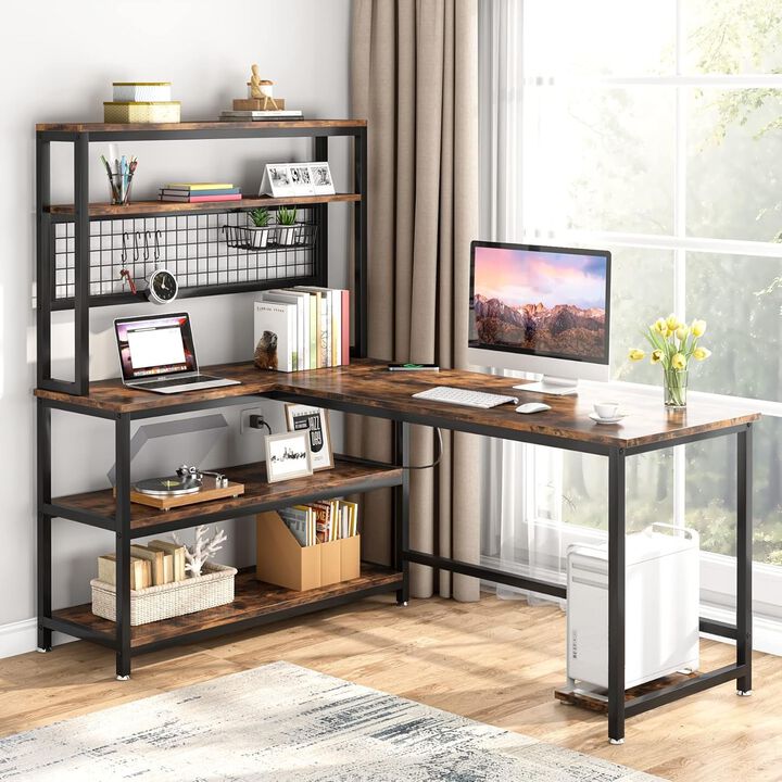 Tribesigns Reversible L Shaped Desk, 55" L Shaped Computer Desk with Wireless Charging & 5 Shelves, Corner Desk with Storage Hutch for Home Office, Gaming Desk, Rustic Brown Executive Desk