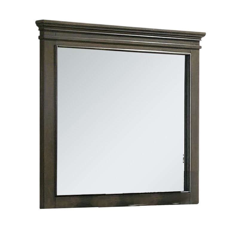 Revy Dresser Mirror, 43 Inch Gray Rubberwood Frame, Crown Molding