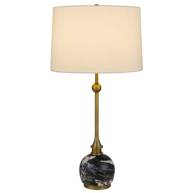 Table Lamp, White Drum Shade, Slim Brass Neck, Swirled Black Marble 29 Inch image number 2