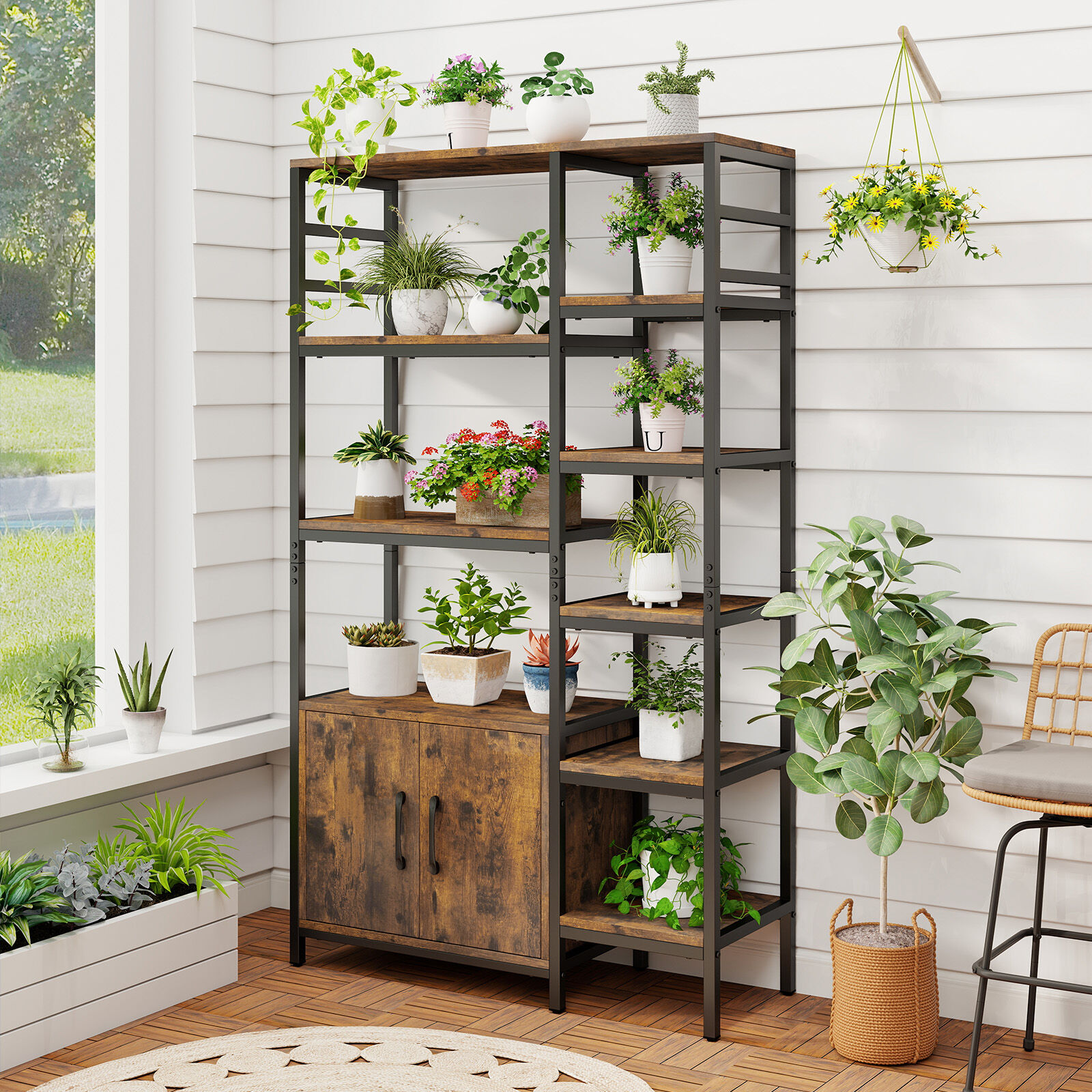 Double Wide 8-Tier Open Shelf Bookcase with Enclosed Cabinet