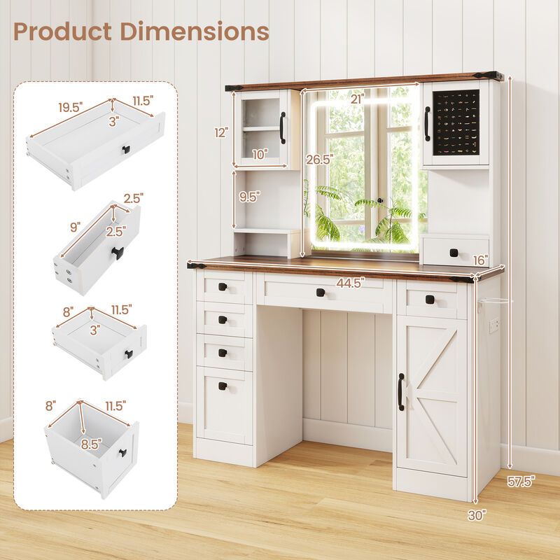 Farmhouse Vanity Desk with Lighted Mirror and 3 Doors