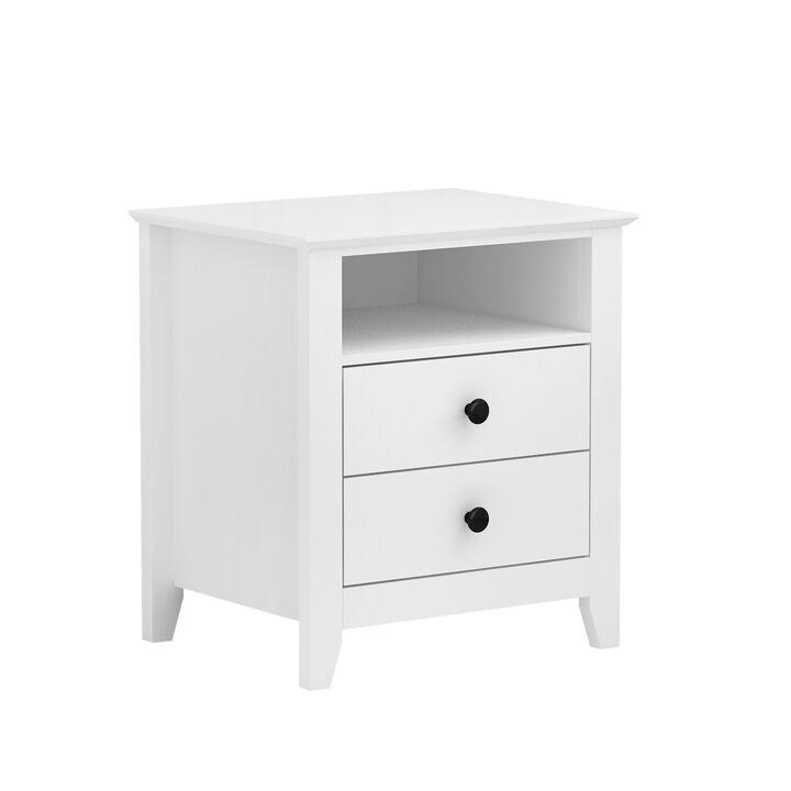 White Wooden Nightstand, Sidetable, End Table with 2 Drawers and Open Shelf, 19.7 L x 15.7 in. W x 21.7 in. H