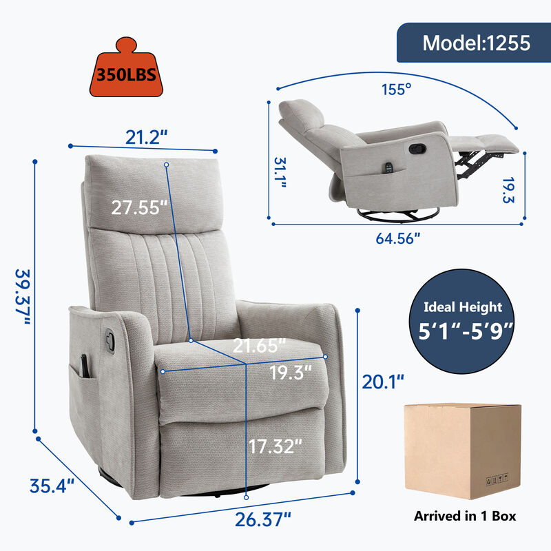 Heat Massage Manual Recliner Chair with Rocker and Swivel in Fabric for Living Room image number 2