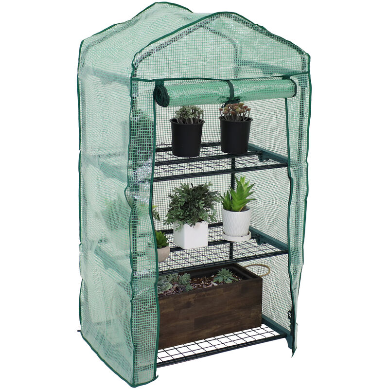 Sunnydaze Steel PVC Cover Mini Greenhouse with 3 Shelves/Zipper - Green