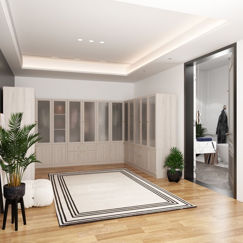 FUFU&GAGA Modular Wardrobe Closet System with Frosted Glass Doors, Gold Handles, Hanging Rods & Drawers,(133.4" W x 98.4" D x 70.9" H),White