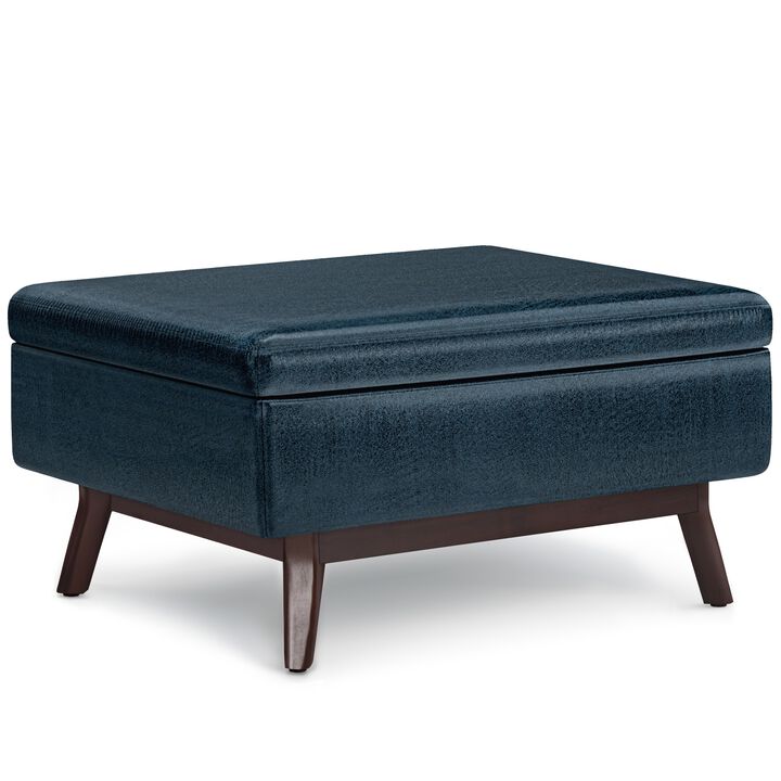 Owen Coffee Table Storage Ottoman in Distressed Dark Blue Faux Leather