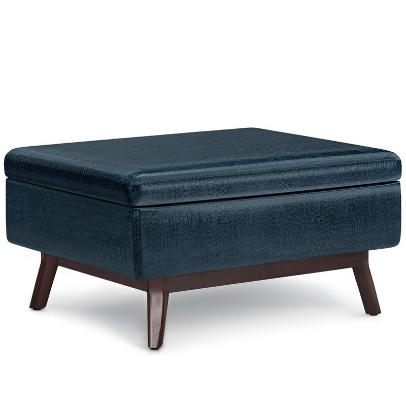 Owen Coffee Table Storage Ottoman in Distressed Dark Blue Faux Leather