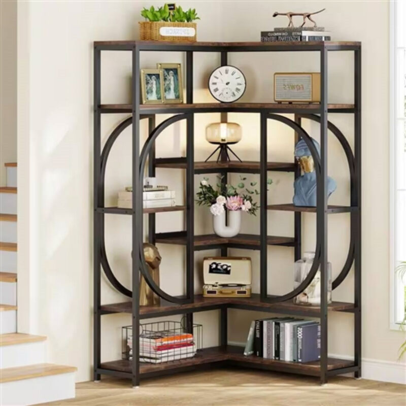 Modern Industrial Corner Bookcase with Metal Frame and Wood Shelves