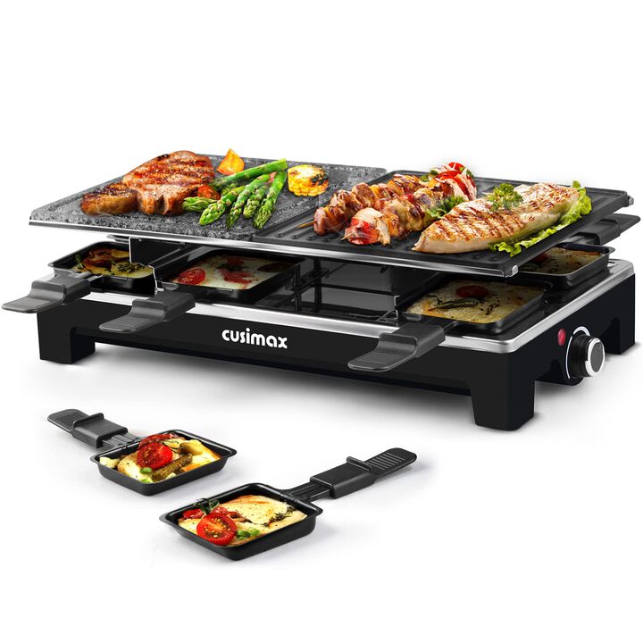 Cusimax Electric Raclette Table Grill, Portable Indoor BBQ Grill with 2 in 1 Reversible Non-stick Plate & Natural Grill Stone