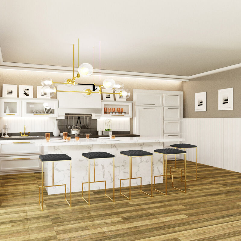 LeisureMod Quincy Stitched Leather Gold Metal Bar Stools &ndash; Set of 2, Stylish and Comfortable Seating