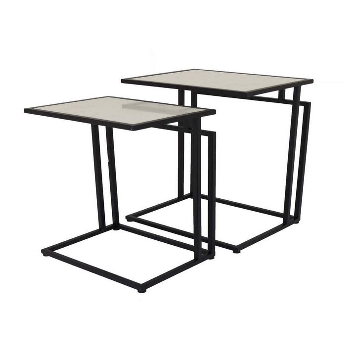 Rim Accent Table Set of 2, Sleek White Marble Top, Black Metal Base - Benzara