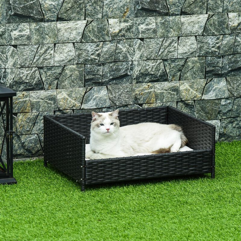 Rattan Pet Bed Raised Wicker Dog House Small animal Sofa Indoor & Outdoor with Soft Washable Water-resistant Cushion Black image number 2