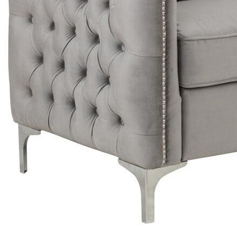 Joel 73 Inch Modern Sofa with 3 Pillows, Tufted Gray Velvet, Silver Legs-Benzara