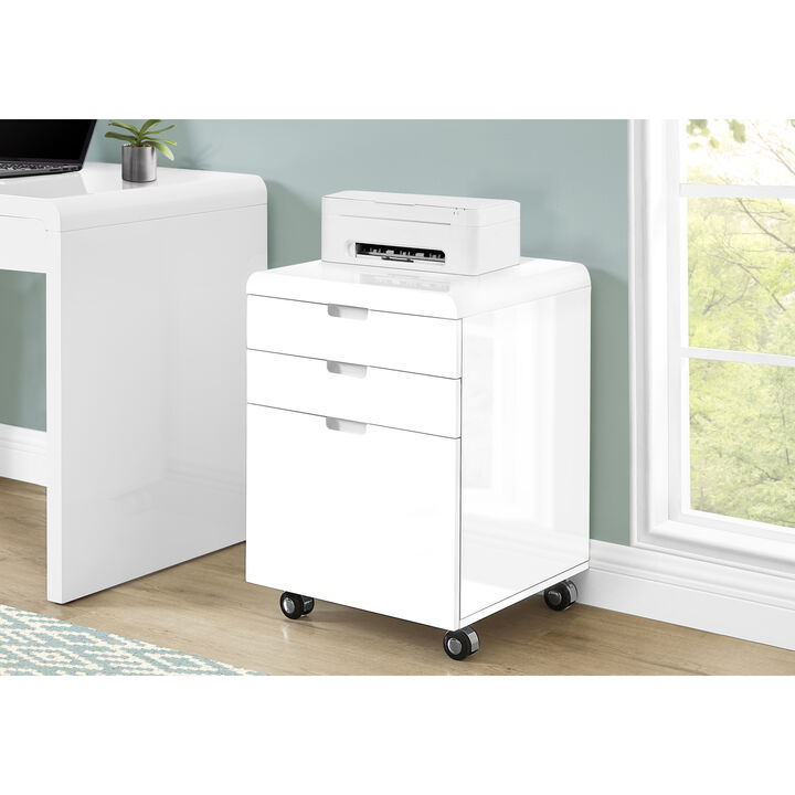 Monarch Specialties I 7583 File Cabinet, Rolling Mobile, Storage Drawers, Printer Stand, Office, Work, Laminate, Glossy White, Contemporary, Modern