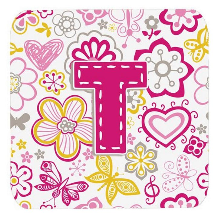 Caroline's Treasures CJ2005-TFC Letter T Flowers and Butterflies Pink Foam Coasters (Set of 4), 3.5, Multicolor
