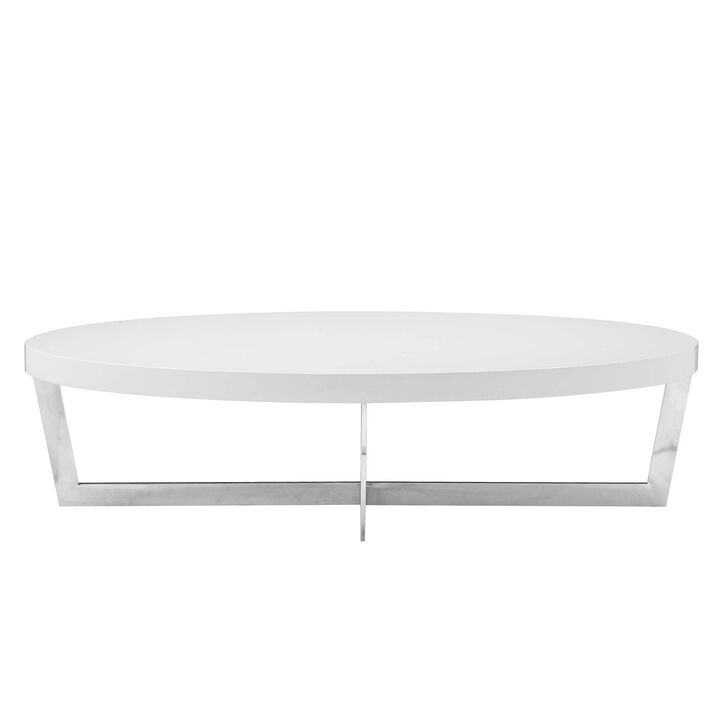 Tini 55 Inch Coffee Table, Oval Shaped Top, Metal Frame, White Finish
