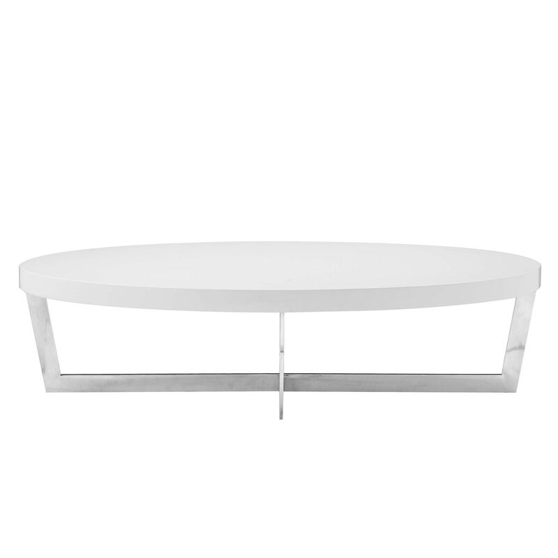 Tini 55 Inch Coffee Table, Oval Shaped Top, Metal Frame, White Finish