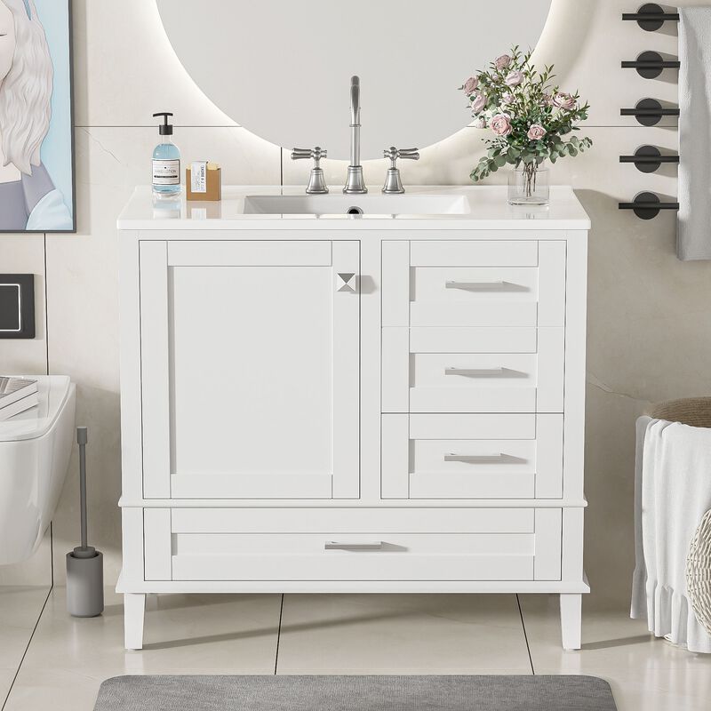 Whisen 36 in. Bathroom Storage Cabinet Bathroom Vanity with Ceramic Sink, Soft Close Door and 3 Drawers