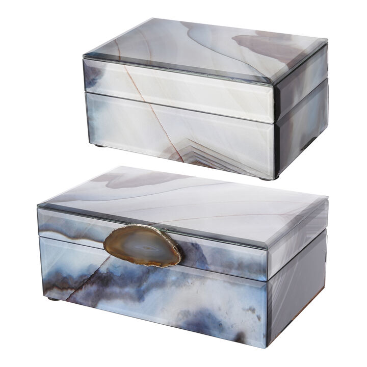 8, 6 Inch Modern Jewelry Box, Blue Silver Marble Effect, Glass and Stone - Benzara