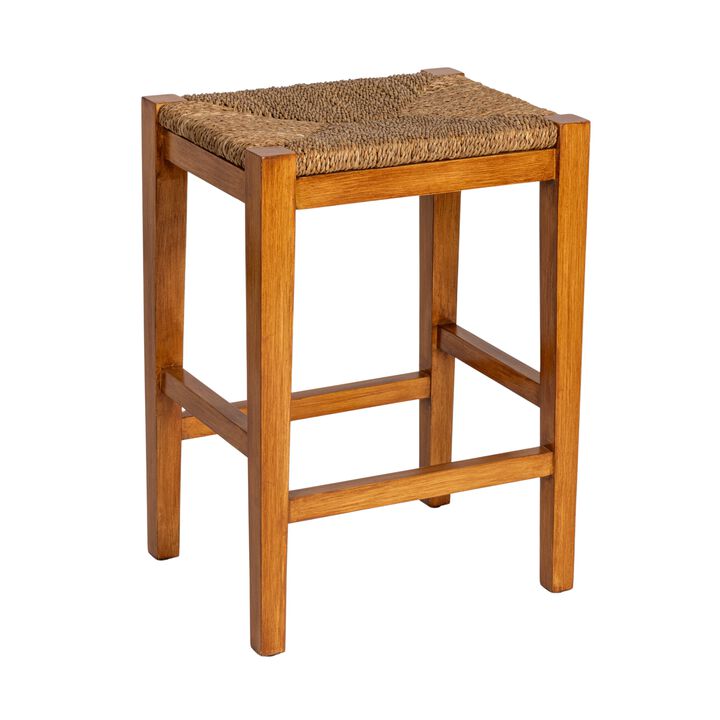 Willowbrook Solid Wood and Natural Woven Seagrass Rope Bar Stool, Honey Walnut Finish