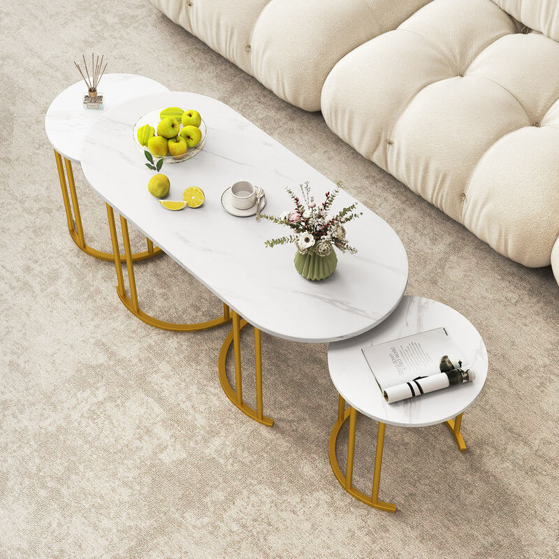 Nesting Coffee Table Set of 3 with Faux Marble Tabletop and Powder-coated Gold Metal Frame image number 1