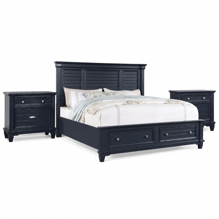 Queen Bedroom Set, Slate Blue, Nickel Wood, 3 Piece Set with 2 Nightstands