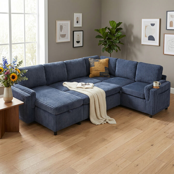 Merax U-Shaped Sectional Sleeper Sofa with Storage, USB & Reversible Chaise &ndash; Corduroy Fabric