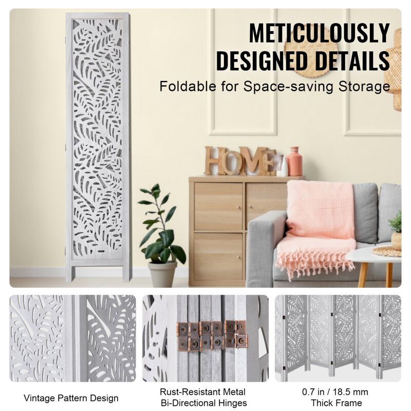 6-Panel Wood Room Divider, Folding Carved Privacy Screen for Home & Office image number 5