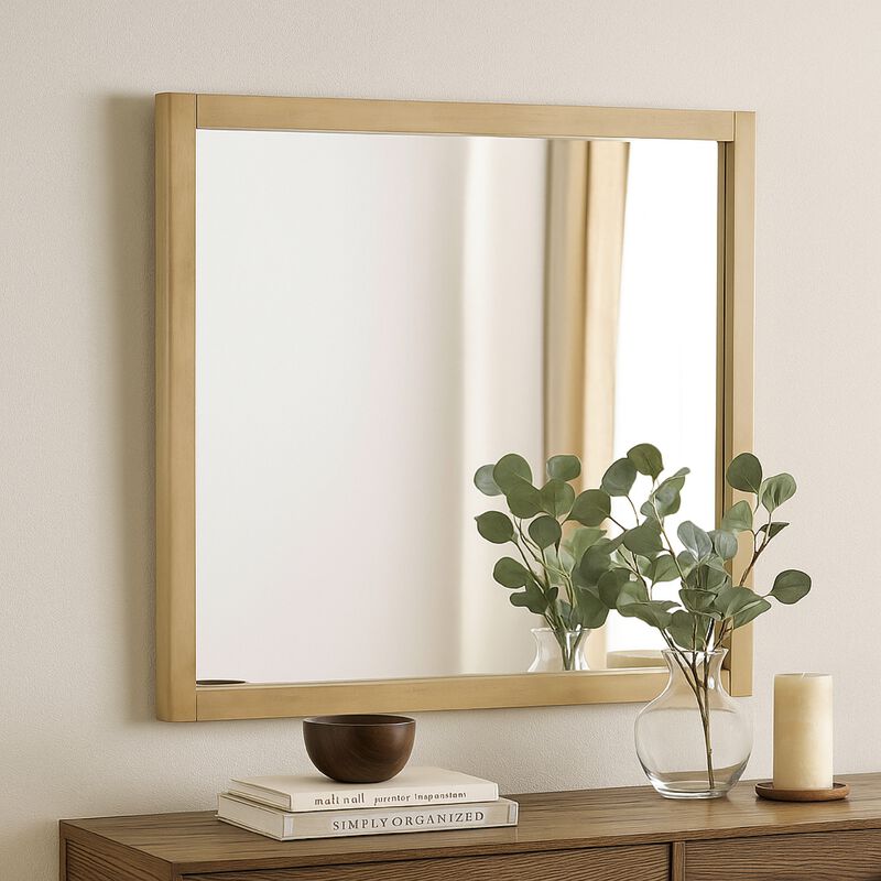 Noe Celia Accent Mirror, 40 Inch Square Oak Wood Frame, Brown Finish