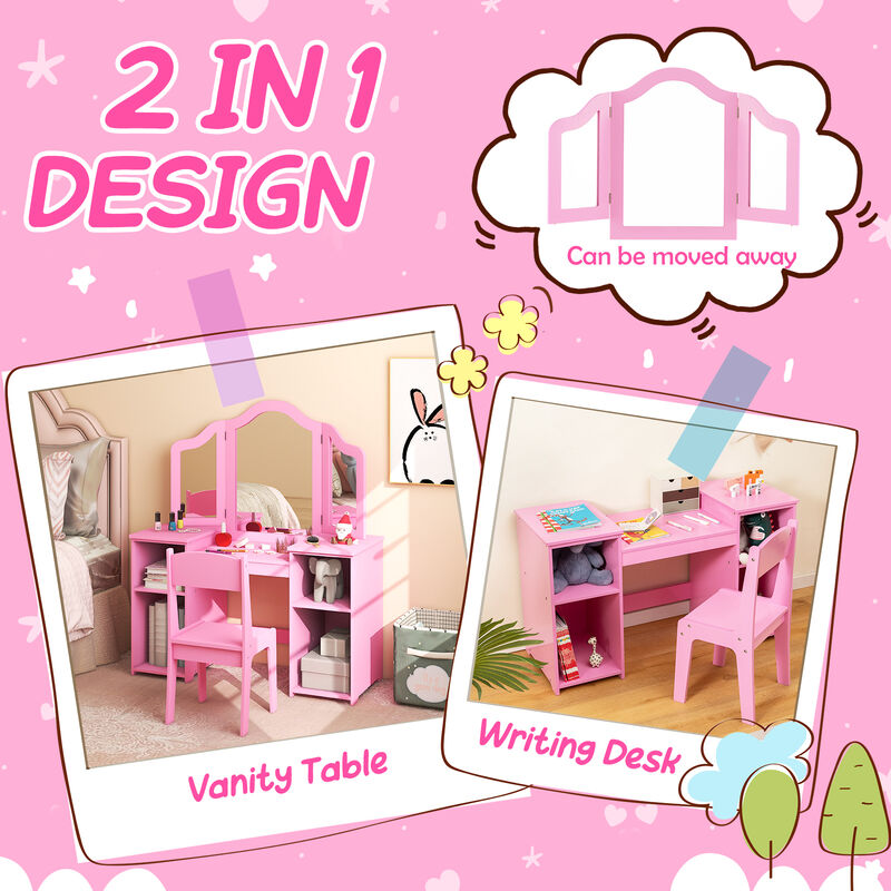 Kids Vanity Table and Chair Set with Removable Tri-Folding Mirror