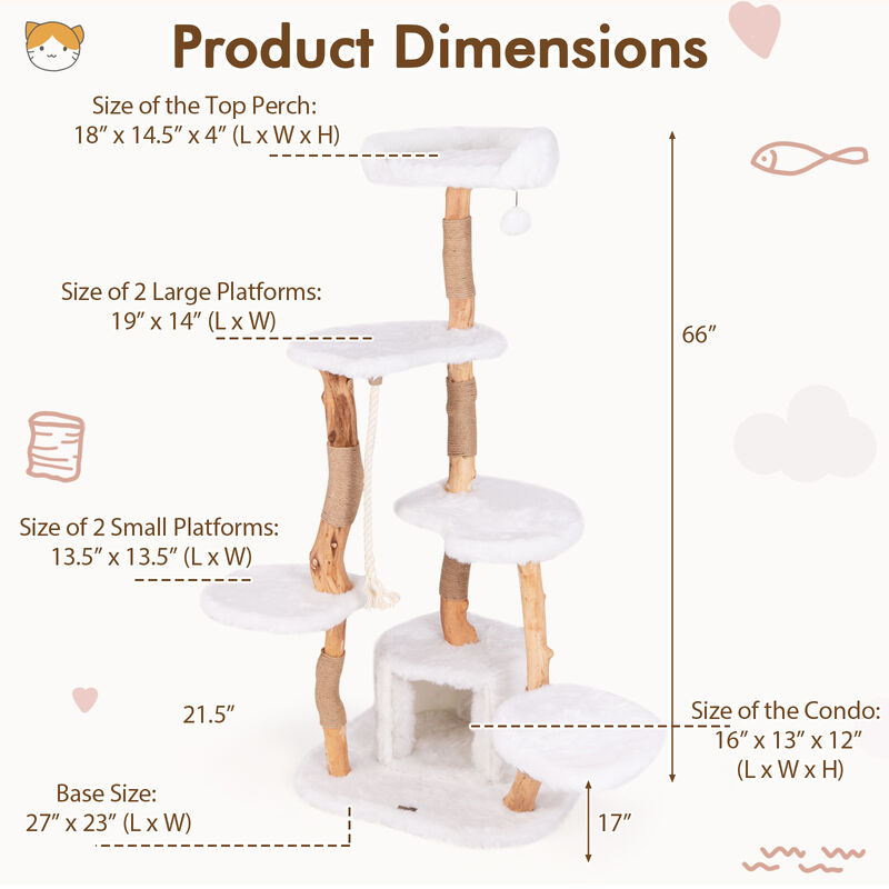 66-Inch Tall Solid Wood Cat Tree, Modern Wooden Cat Tower with Perch for Cats