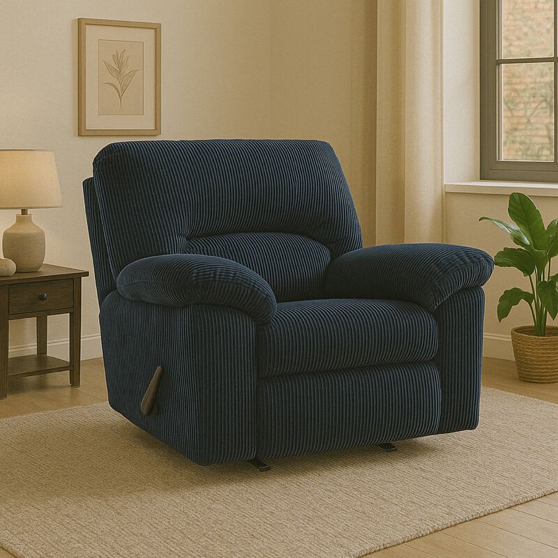 Simy Rocker Recliner Chair, Pillow Top Arms, Dark Navy Blue Corduroy - Benzara