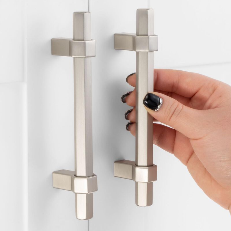 ASKANO Brushed Nickel Cabinet Pulls, 3-3/4 Inch Hole Centers, Hexagon Bar Kitchen Cabinet Handles AP1310 | Pack of 10, Solid Har